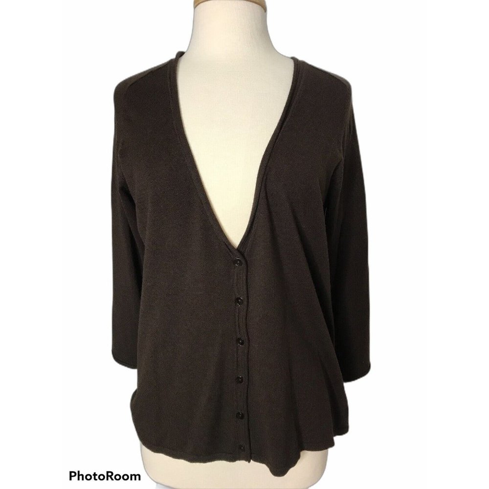 Chico's Women's Sz 1 Brown 3/4 Sleeve Button Front Sweater EUC